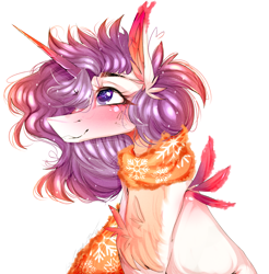 Size: 1968x2000 | Tagged: safe, artist:chrysgalaxy, imported from derpibooru, oc, oc only, pony, unicorn, blushing, bust, chest fluff, clothes, ear fluff, eyelashes, hair over one eye, horn, scarf, simple background, smiling, solo, unicorn oc, white background