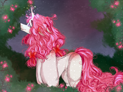 Size: 2000x1500 | Tagged: safe, artist:chrysgalaxy, imported from derpibooru, oc, oc only, pony, unicorn, flower, glowing horn, horn, night, outdoors, smiling, solo, stars, unicorn oc