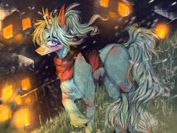 Size: 2000x1500 | Tagged: safe, artist:chrysgalaxy, imported from derpibooru, oc, oc only, pony, unicorn, clothes, female, grass, hoof fluff, horn, mare, outdoors, raised hoof, scarf, snow, solo, unicorn oc