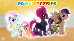 Size: 5360x3009 | Tagged: safe, artist:andoanimalia, imported from derpibooru, fizzlepop berrytwist, kerfuffle, scootaloo, stellar eclipse, tempest shadow, pegasus, pony, unicorn, absurd resolution, broken horn, disability, disability pride, female, filly, grin, horn, looking at you, male, mare, open mouth, open smile, positive body image, smiling, smiling at you, stallion, wing hole