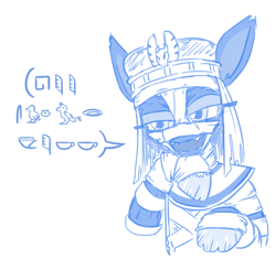 Size: 514x483 | Tagged: safe, artist:jargon scott, imported from derpibooru, oc, oc only, oc:mummy pone, earth pony, pony, bluescale, egyptian, female, gibberish, hieroglyphics, hoof on chin, looking at you, mare, monochrome, mummy, simple background, solo, translated in the comments, white background