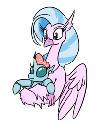 Size: 369x463 | Tagged: safe, artist:jargon scott, imported from derpibooru, ocellus, silverstream, changedling, changeling, classical hippogriff, hippogriff, beak, cute, diaocelles, diastreamies, duo, duo female, eyebrows, eyelashes, female, holding a changeling, hug, long neck, simple background, white background, wings