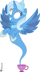 Size: 4000x7190 | Tagged: safe, alternate version, artist:melisareb, idw, imported from derpibooru, trixie, alicorn, genie, genie pony, pony, reflections, spoiler:comic, .svg available, absurd resolution, alicornified, crown, cup, eyeshadow, female, geniefied, glowing eyes, idw showified, jewelry, makeup, mare, princess of humility, race swap, regalia, simple background, smiling, solo, teacup, transparent background, trixiecorn, vector, wings, xk-class end-of-the-world scenario