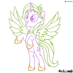 Size: 1500x1500 | Tagged: safe, artist:melisareb, idw, imported from derpibooru, trixie, alicorn, pony, 1000 hours in ms paint, alicornified, bipedal, crown, female, idw showified, jewelry, mare, race swap, rearing, regalia, simple background, sketch, smiling, solo, trixiecorn, white background, wings, wip, xk-class end-of-the-world scenario