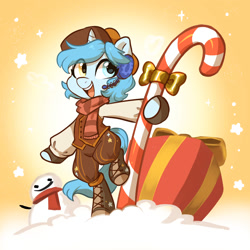 Size: 1500x1500 | Tagged: safe, artist:colorfulcolor233, artist:oofycolorful, imported from derpibooru, oc, oc only, oc:otakulight, pony, candy, candy cane, clothes, food, headphones, heterochromia, monochrome, present, scarf, snow, snowman, solo