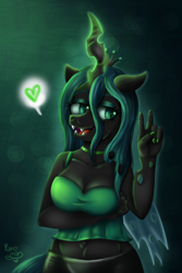 Size: 2800x4200 | Tagged: safe, artist:yumomochan, imported from derpibooru, queen chrysalis, anthro, changeling, changeling queen, breasts, busty queen chrysalis, crown, dark background, fangs, female, glowing, glowing horn, heart, horn, jewelry, lidded eyes, magic, mare, open mouth, peace sign, regalia, teeth