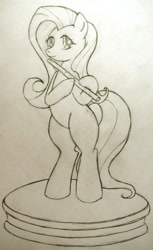 Size: 460x752 | Tagged: safe, artist:xapy, imported from derpibooru, fluttershy, pegasus, pony, bipedal, flute, grayscale, hoof hold, monochrome, musical instrument, pencil drawing, solo, traditional art, wingless