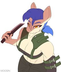 Size: 1713x2000 | Tagged: safe, artist:mopyr, imported from derpibooru, oc, oc only, oc:camilia, anthro, breasts, cleavage, clothes, female, gloves, knife, looking at you, outfit, ponytail, scar, solo, sports bra, weapon