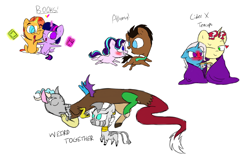 Size: 1280x800 | Tagged: safe, artist:doodletheexpoodle, imported from derpibooru, discord, doctor whooves, flim, starlight glimmer, sunburst, time turner, trixie, twilight sparkle, zecora, alicorn, draconequus, pony, blanket, blushing, blushing profusely, book, bookhorse, chibi, cider, crack shipping, cute, diatrixes, female, flixie, heart, male, running, shipping, simple background, starwhooves, straight, twiburst, twilight sparkle (alicorn), white background, zecord