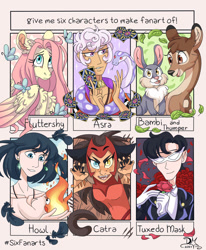 Size: 1280x1554 | Tagged: safe, artist:dreamkeeperuwu, imported from derpibooru, fluttershy, butterfly, deer, human, pegasus, pony, rabbit, snake, six fanarts, animal, asra, bambi, calcifer, catra, chest fluff, claws, disney, ear fluff, ear piercing, earring, fangs, female, fire, flower, howl, howl's moving castle, jewelry, male, mare, piercing, rabit, rose, sailor moon, she-ra, she-ra and the princesses of power, studio ghibli, the arcana, thumper, thumper (bambi), tuxedo mask