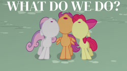 Size: 1280x720 | Tagged: safe, edit, edited screencap, editor:quoterific, imported from derpibooru, screencap, apple bloom, scootaloo, sweetie belle, earth pony, pegasus, pony, unicorn, one bad apple, season 3, apple bloom's bow, bow, cutie mark crusaders, female, filly, hair bow, nose in the air, open mouth