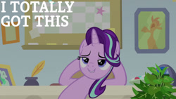 Size: 1280x720 | Tagged: safe, edit, edited screencap, editor:quoterific, imported from derpibooru, screencap, phyllis, starlight glimmer, pony, unicorn, a horse shoe-in, season 9, spoiler:s09, bipedal, bipedal leaning, blatant lies, female, leaning, mare, philodendron, plant, school of friendship, smiling, solo