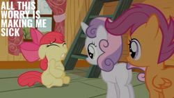 Size: 1280x720 | Tagged: safe, edit, edited screencap, editor:quoterific, imported from derpibooru, screencap, apple bloom, scootaloo, sweetie belle, earth pony, pegasus, pony, unicorn, family appreciation day, season 2, apple bloom's bow, bow, clubhouse, crusaders clubhouse, cutie mark crusaders, eyes closed, female, filly, hair bow