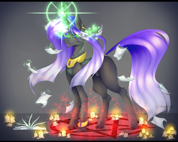 Size: 5000x4000 | Tagged: safe, artist:chazmazda, imported from derpibooru, oc, oc only, oc:midnight fade, alicorn, earth pony, pegasus, pony, unicorn, background, black magic, book, burning candles, candle, ear piercing, earring, female, fluffy, full body, fullbody, gold, hair, highlight, highlights, horn, jewelry, long hair, magic, paper, particles, pentagram, photo, piercing, shade, shading, shine, simple background, solo, speedpaint, spell, spells