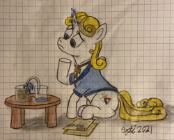 Size: 3024x2432 | Tagged: safe, imported from derpibooru, oc, oc only, oc:guiding light, pony, unicorn, beaker, chemistry, glowing horn, graph paper, high res, horn, magic, magic aura, purification, sitting, solo, table, traditional art, water