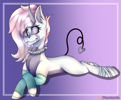Size: 1305x1080 | Tagged: safe, artist:chazmazda, imported from derpibooru, oc, oc only, oc:angelica, alicorn, demon, earth pony, pegasus, pony, unicorn, accessories, accessory, background, bandage, clothes, collar, demon horns, demon tail, devil tail, gradient, gradient background, hair, heart tail, highligh, highlights, highlited, horns, long hair, markings, photo, shade, shading, socks, solo, tail