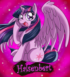 Size: 1280x1394 | Tagged: safe, artist:halsenbert, imported from derpibooru, twilight sparkle, alicorn, pony, abstract background, female, happy, mare, open mouth, sitting, solo, twilight sparkle (alicorn)