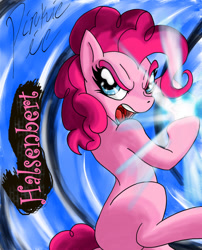 Size: 1280x1582 | Tagged: safe, artist:halsenbert, imported from derpibooru, pinkie pie, earth pony, pony, abstract background, bipedal, dragon ball, dragon ball z, female, kamehameha, mare, missing cutie mark, open mouth, solo
