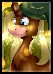 Size: 2480x3508 | Tagged: safe, artist:chazmazda, imported from derpibooru, firefly, oc, oc only, alicorn, earth pony, firefly (insect), insect, mantis, pegasus, pony, unicorn, background, bell, border, fluffy, half body, hat, high res, highlighed, highlight, highlights, horn, light, lighting, photo, shade, shading, shine, shiny, simple background, smiling, solo