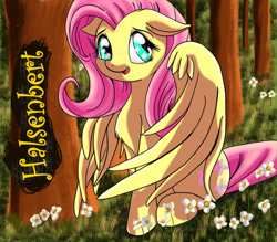 Size: 1280x1122 | Tagged: safe, artist:halsenbert, imported from derpibooru, fluttershy, pegasus, pony, cute, female, floppy ears, flower, forest, mare, shyabetes, sitting, solo