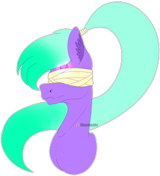 Size: 3528x3884 | Tagged: safe, artist:chazmazda, imported from derpibooru, oc, oc only, pony, bandage, bust, flat colors, flatcolour, green hair, high res, long hair, payment art, photo, ponytail, portrait, present, sad, scar, solo, transparent, unamused, upset