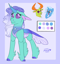 Size: 1688x1819 | Tagged: safe, artist:moccabliss, imported from derpibooru, thorax, trixie, oc, changedling, changeling, changepony, hybrid, female, interspecies offspring, king thorax, male, offspring, parent:thorax, parent:trixie, parents:thoraxie, reference sheet, shipping, straight, thoraxie