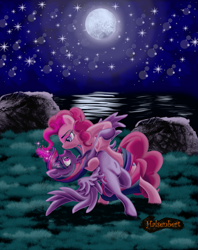 Size: 1183x1493 | Tagged: safe, artist:halsenbert, imported from derpibooru, pinkie pie, twilight sparkle, alicorn, earth pony, pony, belly button, bipedal, dancing, female, full moon, glowing horn, horn, lesbian, looking at each other, moon, night, shipping, twilight sparkle (alicorn), twinkie