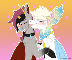 Size: 2290x1910 | Tagged: safe, artist:chazmazda, imported from derpibooru, oc, oc only, alicorn, bat pony, earth pony, pegasus, pony, unicorn, vampire, vampony, :p, accessories, accessory, bracelet, couple, cute, duo, flat colors, flatcolour, happy, hold, horn, horns, jewelry, markings, necklace, payment, payment art, photo, scar, smiling, solo, tongue out