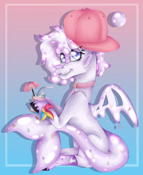 Size: 1515x1851 | Tagged: safe, artist:chazmazda, imported from derpibooru, oc, oc only, pony, shark, accessories, accessory, background, cap, commission, commissions open, drink, fangs, food, gradient background, happy, hat, highlight, highlighted, highlights, jelly, jewelry, necklace, photo, pink, pink lemonade, pink lemonade (r63), sanpback, shade, shading, sitting, smiling, solo, straw, tail, umbrella, wings