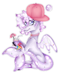 Size: 1515x1851 | Tagged: safe, artist:chazmazda, imported from derpibooru, oc, oc only, pony, shark, accessories, accessory, background, cap, commission, commissions open, drink, fangs, food, happy, hat, highlight, highlighted, highlights, jelly, jewelry, necklace, photo, pink, pink lemonade, pink lemonade (r63), sanpback, shade, shading, simple background, sitting, smiling, solo, straw, tail, transparent, transparent background, umbrella, wings