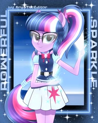 Size: 2000x2500 | Tagged: safe, artist:aryatheeditor, imported from derpibooru, sci-twi, twilight sparkle, equestria girls, belt, bowtie, cutie mark, female, geode of telekinesis, glasses, glow, glowing, heterochromia, high res, jewelry, magic, magic aura, magical geodes, moon, night, outfit, pendant, ponied up, pony ears, ponytail, powerful sparkle, smiling, solo, wings