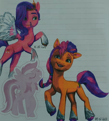 Size: 1692x1869 | Tagged: safe, artist:karadeg, imported from derpibooru, pipp petals, rainbow dash, sunny starscout, g5, lined paper, my little pony: a new generation, traditional art