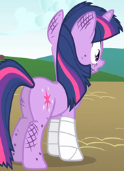 Size: 1064x1461 | Tagged: safe, imported from derpibooru, screencap, twilight sparkle, pony, unicorn, feeling pinkie keen, season 1, butt, dirty, female, injured, mare, plot, solo, twibutt, unicorn twilight