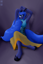 Size: 2100x3150 | Tagged: safe, artist:alicorn-without-horn, imported from derpibooru, princess luna, alicorn, anthro, unguligrade anthro, arm behind head, bracelet, clothes, corset, dress, high res, jewelry, looking away, regalia, solo