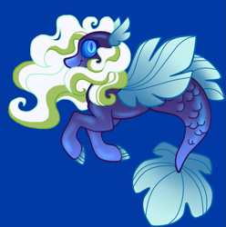 Size: 799x805 | Tagged: safe, artist:kazoowary, imported from derpibooru, oc, oc only, seapony (g4), adoptable, blue background, blue eyes, dorsal fin, fin wings, fins, fish tail, flowing mane, flowing tail, ocean, simple background, smiling, solo, swimming, tail, underwater, water, wings