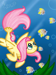 Size: 1280x1708 | Tagged: safe, artist:ebonyjewelwing, imported from derpibooru, fluttershy, fish, pegasus, pony, seapony (g4), bubble, crepuscular rays, dorsal fin, female, fish tail, flowing tail, green eyes, looking up, ocean, pink mane, seaponified, seapony fluttershy, seaweed, signature, smiling, solo, species swap, swimming, tail, underwater, water, watershy, wings