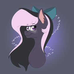 Size: 1920x1920 | Tagged: safe, artist:chazmazda, imported from derpibooru, oc, oc only, alicorn, earth pony, pegasus, pony, unicorn, black hair, bow, bust, eye, eyes, flat colors, flatcolour, freckles, happy, long hair, markings, outline, photo, pink hair, portrait, smiling, solo, sparkle, sparkles, stars