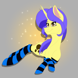 Size: 1024x1024 | Tagged: safe, artist:chazmazda, imported from derpibooru, oc, oc only, alicorn, earth pony, pegasus, pony, unicorn, clothes, crossed hooves, curly hair, cutie mark, eye, eyes, full body, fullbody, happy, horn, long hair, lying down, photo, purple hair, smiling, socks, solo, stockings, striped socks, thigh highs