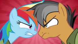 Size: 1280x720 | Tagged: safe, imported from derpibooru, screencap, quibble pants, rainbow dash, earth pony, pegasus, pony, season 6, stranger than fan fiction, angry, duo, female, looking at each other, male, mare, stallion, teeth