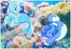 Size: 1000x692 | Tagged: safe, artist:raininess, imported from derpibooru, oc, oc only, merpony, seapony (g4), blue eyes, blue mane, coral, crepuscular rays, eyes closed, fish tail, flowing tail, looking at each other, open mouth, photo, smiling, swimming, tail, underwater, unshorn fetlocks, water