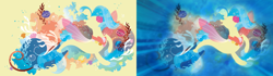 Size: 3840x1080 | Tagged: safe, artist:conniethecasanova, edit, imported from derpibooru, princess skystar, shelldon, shelly, seapony (g4), my little pony: the movie, blue mane, bubble, coral, female, fin wings, fins, fish tail, flower, flower in hair, freckles, jewelry, lineless, necklace, ocean, open mouth, pearl necklace, seashell, seaweed, silhouette, smiling, solo, swimming, tail, underwater, wallpaper, water, wings