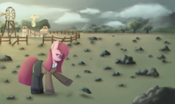 Size: 2048x1224 | Tagged: safe, artist:menalia, imported from derpibooru, pinkie pie, earth pony, pony, chromatic aberration, clothes, cloud, female, fence, house, mare, mountain, pants, pinkamena diane pie, rock, rock farm, sad, shirt, shoes, solo, sweater, tree