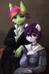 Size: 1154x1732 | Tagged: safe, artist:kotya, imported from derpibooru, oc, oc:frame gravity, oc:the doll, anthro, earth pony, 19th century, clothes, dress, suit