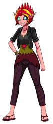 Size: 1288x3000 | Tagged: safe, artist:artemis-polara, imported from derpibooru, sunset shimmer, equestria girls, alternate hairstyle, bracelet, clothes, elf ears, feet, glowing eyes, half demon sunset, hd sunset, jacket, jewelry, nail polish, pants, sandals, scar, shirt, simple background, smiling, solo, sunset satan, transparent background