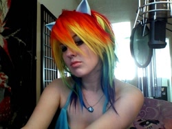 Size: 640x480 | Tagged: safe, artist:rina-chan, imported from derpibooru, rainbow dash, human, 2013, clothes, cosplay, costume, irl, irl human, jewelry, kira buckland, necklace, photo, sleeveless, tumblr