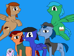 Size: 2000x1500 | Tagged: safe, artist:blazewing, imported from derpibooru, oc, oc only, oc:blazewing, oc:maggie, oc:pastel macaroon, oc:pecan sandy, oc:syntax, oc:tough cookie, earth pony, pegasus, pony, unicorn, blue background, chubby, clothes, colored background, drawpile, earth pony oc, fat, fedora, female, filly, flying, foal, freckles, glasses, hat, horn, jewelry, looking at you, male, mare, necklace, pearl necklace, pegasus oc, simple background, smiling, stallion, unicorn oc, vest