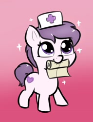 Size: 1104x1448 | Tagged: safe, artist:heretichesh, imported from derpibooru, oc, oc only, earth pony, pony, cutie mark, female, filly, gradient background, hat, mouth hold, nurse, nurse hat, solo, sparkles