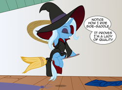 Size: 2708x1988 | Tagged: safe, artist:badumsquish, derpibooru exclusive, imported from derpibooru, trixie, pony, unicorn, bewitched bunny, broom, dialogue, eyes closed, eyeshadow, flirting, flirty, flying, flying broomstick, hat, house, looney tunes, makeup, ponified, riding, show accurate, sitting, solo, talking to viewer, witch, witch costume, witch hat, witch hazel