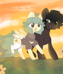 Size: 2019x2379 | Tagged: safe, artist:mushy, imported from derpibooru, oc, oc only, oc:pea, earth pony, pegasus, pony, big tail, clothes, cute, duo, flower, freckles, gras, grass, green eyes, green mane, happy, high res, i love you, smiles, smiling, socks, spots, stockings, sunset, sweater, thigh highs, thigh socks