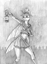 Size: 1000x1361 | Tagged: safe, artist:baron engel, imported from derpibooru, ocellus, anthro, changedling, changeling, fanfic:prey, clothes, fanfic art, grayscale, lantern, monochrome, outdoors, pencil drawing, sailor uniform, skirt, solo, traditional art, uniform, worried